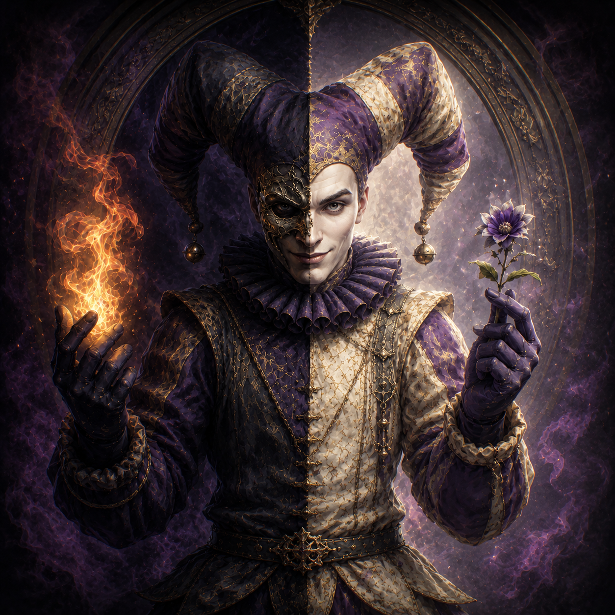 The Syntropic Jester - A figure split between light and shadow, chaos and order